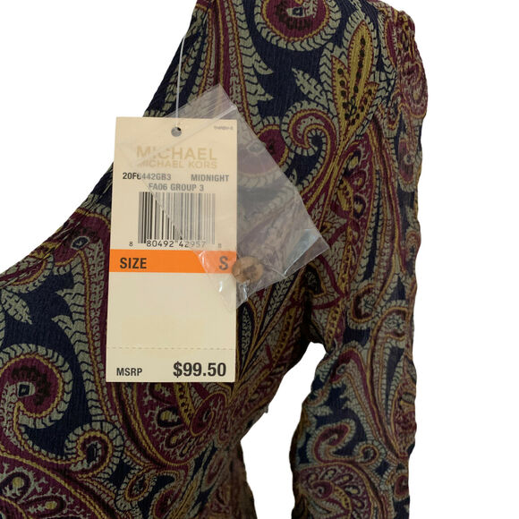 Michael Kors Womens Blouse Small Brown Midnight Paisley Taupe Silk Bell Sleeve - Picture 9 of 12